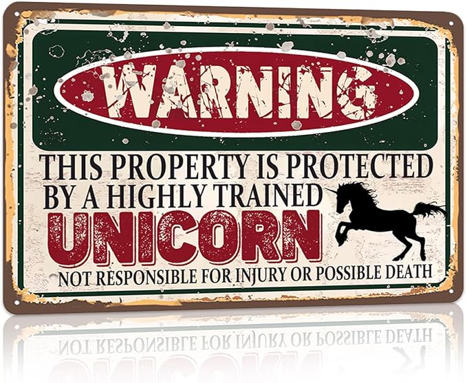 RCXsigns Vintage Unicorn Metal Sign， Warning this property is protected bY a highly trained Unicorn Sign Funny Tin Signs 12x8 Inch