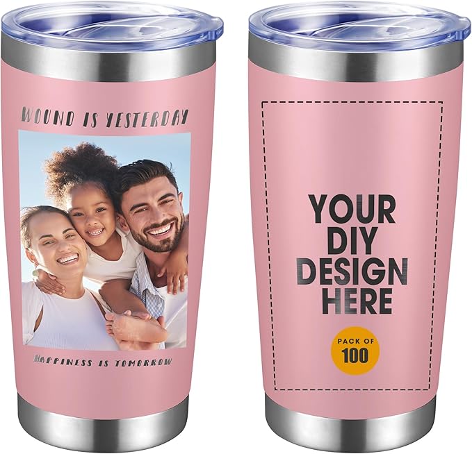 Personalized Custom Tumbler Print in USA 100 Pcs 20oz Stainless Steel Coffee Cup with Lid & Straw Double Wall Insulated Tumbler with Colorful Text Logo Photo