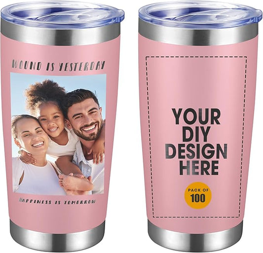 Personalized Custom Tumbler Print in USA 100 Pcs 20oz Stainless Steel Coffee Cup with Lid & Straw Double Wall Insulated Tumbler with Colorful Text Logo Photo