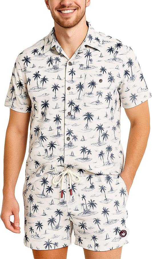 CANADA WEATHER GEAR Mens Beach Outfit Set - 2 Piece Short Sleeve Button Down Hawaiian Shirt for Men and Mens Swim Shorts Set