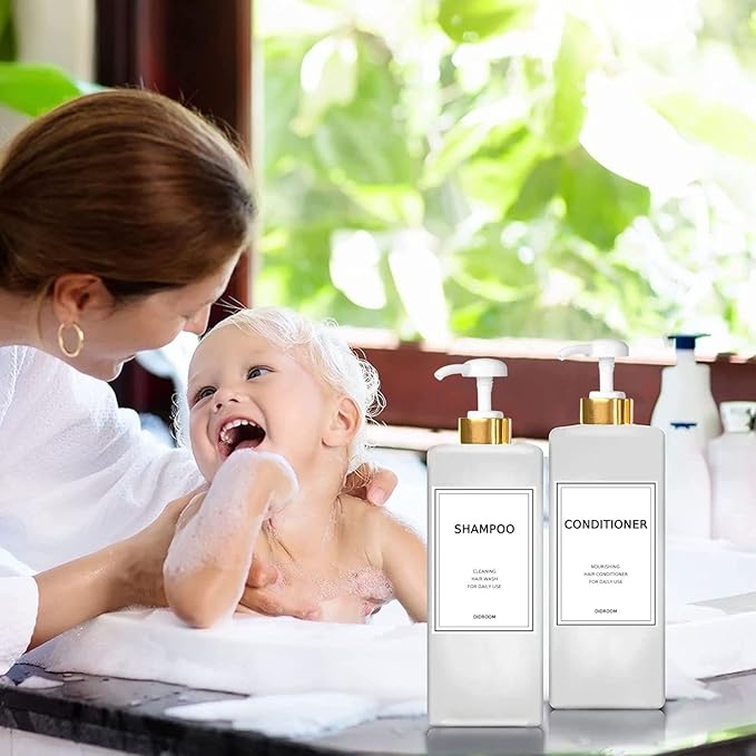 DIDROOM Modern Gold Shampoo and Conditioner Dispenser (21 oz,Pack of 3) Refillable Pump Bottle Set Empty Shower Plastic Bottles with for Bathroom Body Wash Soap Shower,3 Types Labels,Gold&white