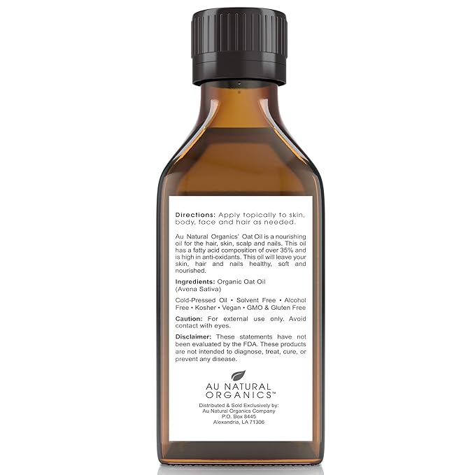 Au Natural Organics Oat Oil for Skin and Hair - Organic Cold Pressed Avena Sativa Kernal Oil, Moisturizing Face & Body Oils for Eczema, Scars & Dry Skin - Soap Making, Cleansing & Hydration, 100ml