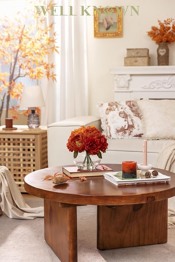 WELL KNOWN Artificial Flowers in Vase, Silk Peonies Flowers for Vase with Faux Water, Burnt Orange Fake Flower Arrangements for Thanksgiving Fall Winter Dinning Table Centerpieces Party Decor