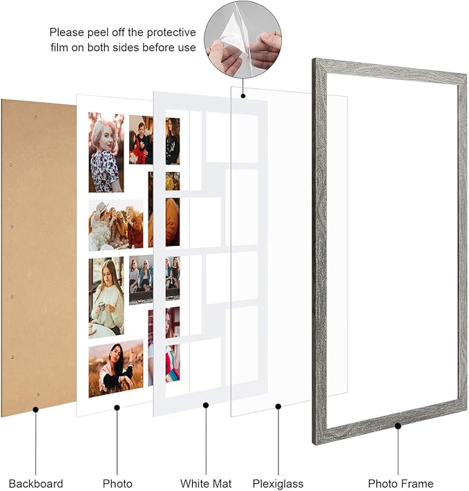 11.8x21.8 Collage frame with 8 Openings 4X6 Pictures, Multiple Picture Frame with Mat, Wall or Tabletop Decor, Grey Wood Grain,2 Pack