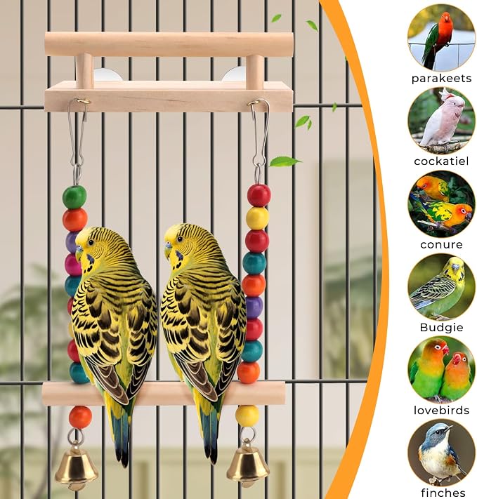 Natural Wood Bird Swing & Perch Platform for Cage | Fits Small Parrots (Budgies, Cockatiels) | Multi-Level Habitat Gym for Swaying & Hopping | Tool-Free Mount