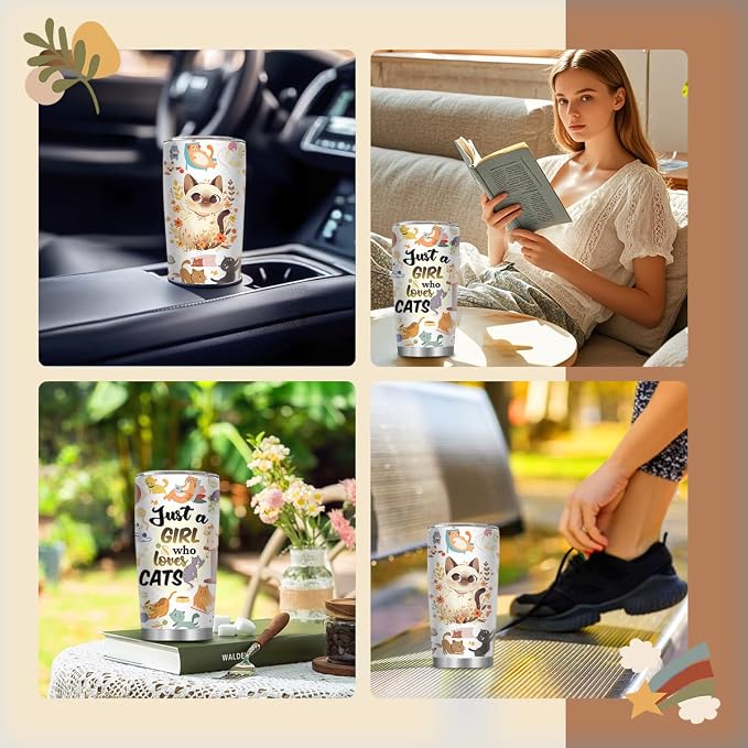 Cat Gifts for Women, Just a Girl Who Loves Cats Tumbler with Straw 20 Oz, Animal Lovers Gifts for Thanksgiving Christmas, Cat Themed Gift for Cats Mom Lover, Kitty Insulated Travel Cup, 1 PCS