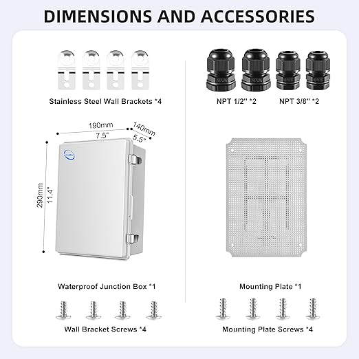 Waterproof Outdoor IP67 Junction Box (11.4"x7.5"x5.5") with Mounting Plate, Hinged Grey Cover and Wall Brackets - Weatherproof ABS Plastic Electrical Enclosure for DIY Projects (290x190x140mm)