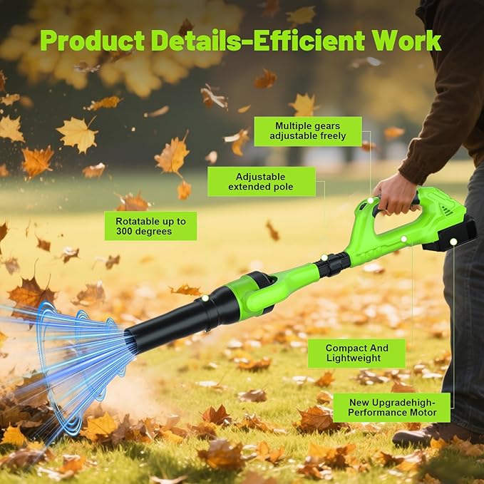 Leaf Blower Cordless, 21V Electric Leaf Blower Cordless with 2 Batteries, Adjustable 300° Multi-Angle Rotation Nozzle 3 Speed Modes 500CFM/180MPH for Lawn Care, Patio, Dust, Leaves, Yard, Car, Gutter