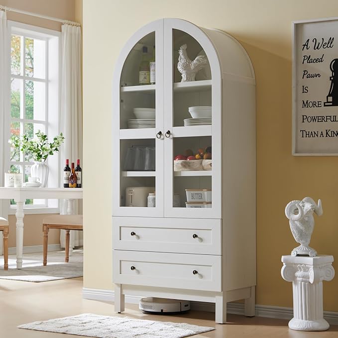 IFGET 71" Tall Arched Kitchen Pantry Cabinet, Wood Kitchens Storage Cabinets with 2 Large Drawers and Adjustable Shelves, Modern Farmhouse Versatile Cupboard for Kitchen, Dining Room, Bathroom, White