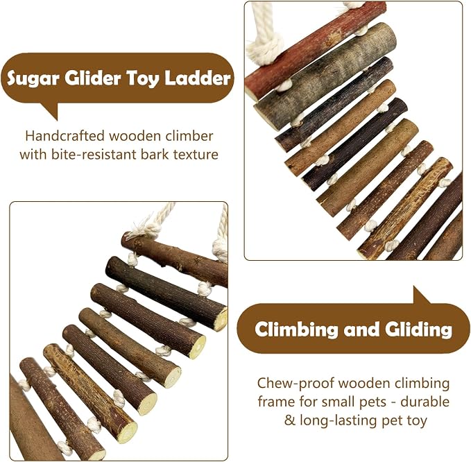 BNOSDM Sugar Glider Climbing Toys 2 Pack Nature Wood Rope Ladder Hanging Sugar Glider Bridge Cage Accessories for Mice Rat Hamster Gerbil Chinchilla