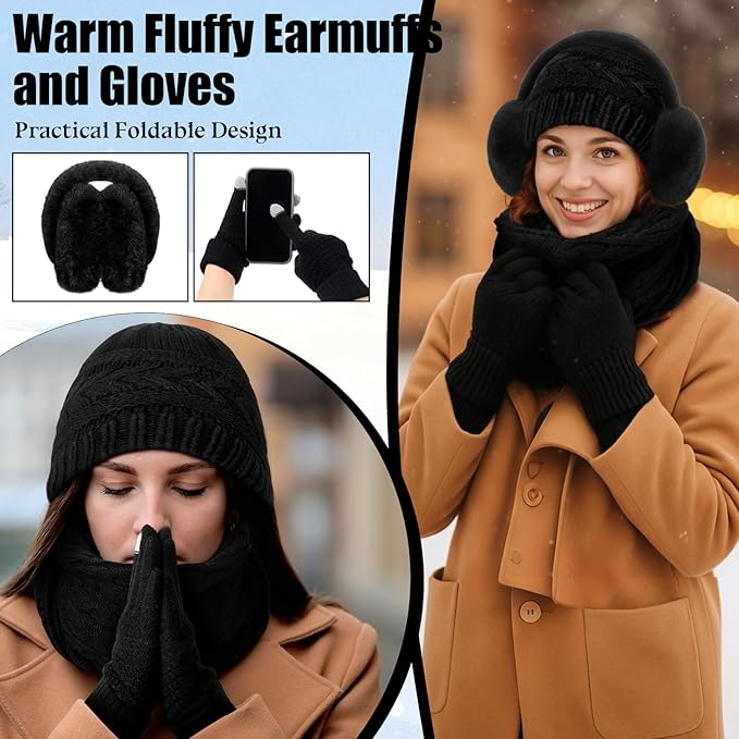 Geyoga 6 Pcs Women Winter Beanie Hat Scarf Gloves Ear Muffs Fuzzy Socks Set, Touchscreen Gloves for Thermal Gift Cold Weather