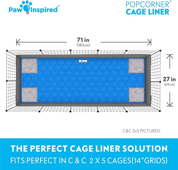 Paw Inspired PopCorner Washable Fleece Cage Liners, C&C 2x5, Blue | Reinforced Corners, Super Absorbent Mat, Bedding, Waterproof Bottom, Guinea Pigs, Ferrets, Rabbits, Hamsters, Small Animals