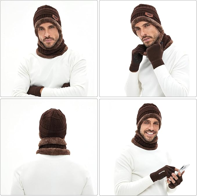MAYLISACC Winter Knit Beanie Hat Neck Warmer Scarf and Touch Screen Gloves Set 3 Pcs Fleece Lined Skull Cap for Men Women