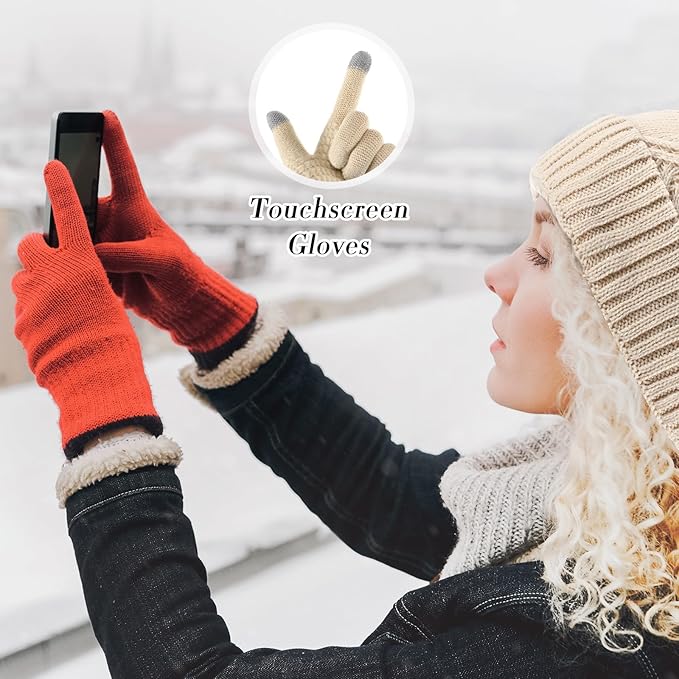SATINIOR 5 Pcs Winter Hat Scarf Gloves Set Fleece Warm Lined Knit Beanie Hat Touch Screen Earmuff Gloves Warmer for Women(Beige,Stylish Style)