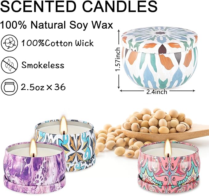 Onebird Set of 36 Scented Candle Gift Set,Natural Pure Soy Wax Aromatherapy Candles Essential Oils for Home and Women
