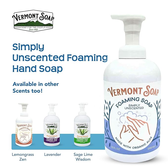 VERMONT SOAP Organic Unscented Foaming Hand Soap - Natural Moisturizing Soap for Dry Skin - Fragrance Free Liquid Bathroom Hand Soap Dispenser - Simply Unscented - 12 oz