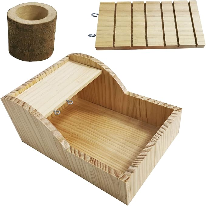 kathson Hamster Sand Bath Box Wooden Small Animals Shower Room Chinchilla Digging Sand Bathtub Container with Climbing Ladder Bowl for Dwarf Syrian Mice Mouse Gerbils Hedgehog