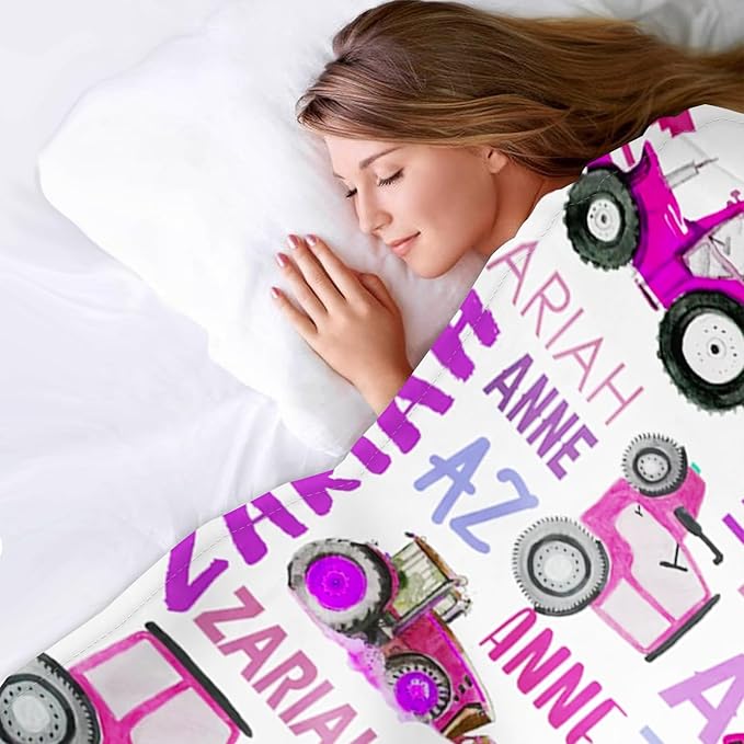 Personalized Tractors Blanket - Custom Name with Farm Tractor Trucks Design - Soft Plush Flannel Bed Blanket for Baby Kid Teen Boys Girls Customized Gifts White & Purple