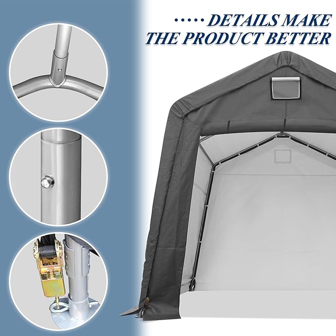 COVERONICS 10' x 10' Outdoor Storage Shed - Heavy Duty Portable Shelter Carport with Ventilation Windows and Roll-up Doors, Storage Shelter Tent for Motorcycle, Bike, Lawnmower and Garden Tools, Grey