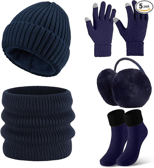 SATINIOR 5 Pcs Winter Beanie Hat Scarf Gloves Set Fleece Lined Knit Hat Warm Touch Screen Gloves Earmuff Warmer for Women(Navy Blue,Fashion Style)
