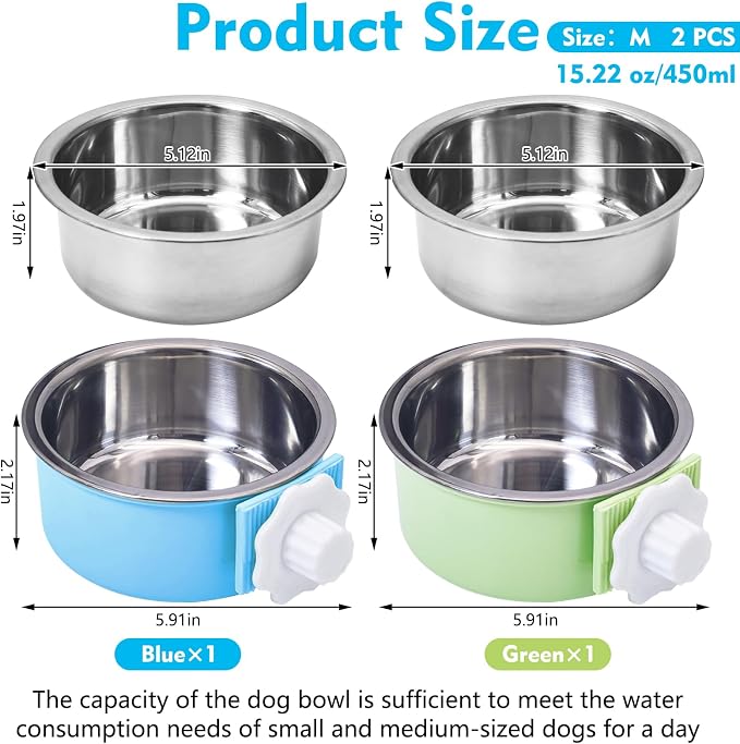 kathson Crate Dog Bowl, Removable Stainless Steel Hanging Pet Kennel Cage Bowl Food & Water Feeder Coop Cup for Puppy, Cat, Rabbit, Guinea Pigs Ferret Bird (2 PCS, Size: M, Blue and Green)