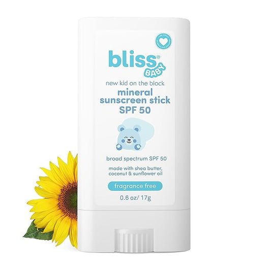 Bliss Baby Mineral Face Sunscreen Stick, SPF 50, Natural Zinc Oxide, Unscented, Hypoallergenic & Dermat Tested, Water-Resistant, Vegan, Sensitive Skin - For Toddlers, Babies, Kids & Whole Family
