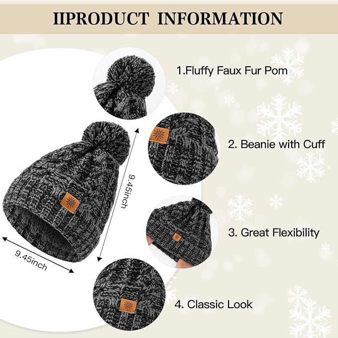 Tavaleu Womens Winter Beanie Hat Scarf Gloves Set, Pom Pom Beanie Warm Knit Scarf Touchscreen Gloves for Cold Weather