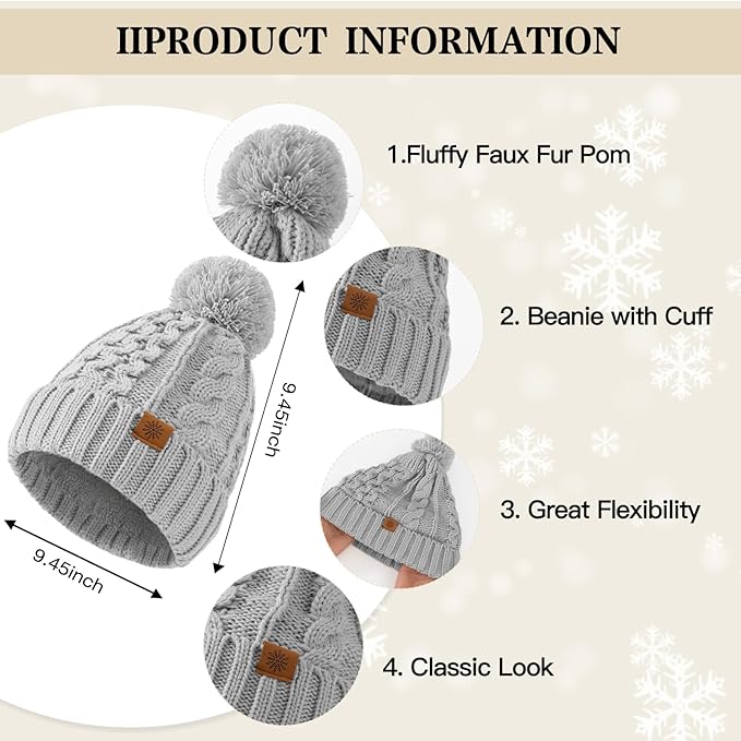 Tavaleu Womens Winter Beanie Hat Scarf Gloves Set, Pom Pom Beanie Warm Knit Scarf Touchscreen Gloves for Cold Weather