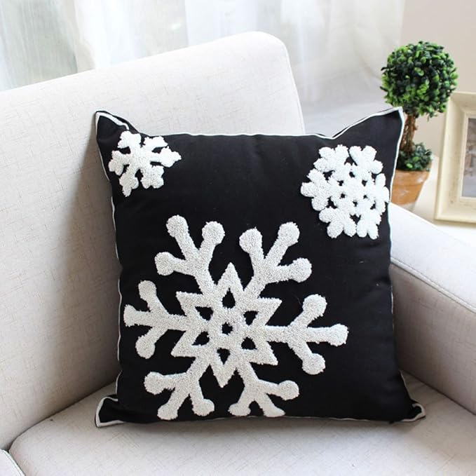 Elife Soft Square Christmas Snowflake Home Decorative Canvas Cotton Embroidery Throw Pillow Covers 18x18 Cushion Covers Pillowcases for Sofa Bed Chair (1 Pair, Black)