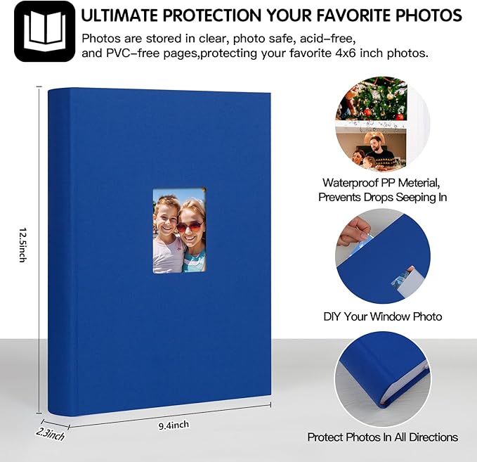 XFveivoo Photo Album 4x6 450 Photos with Writing Space,4 x 6 Photo Book Linen Cover with Front Window, 4x6 Picture Album 450 Photos Photo Album Book for Wedding Kids Travel Family Baby Pictures, Blue