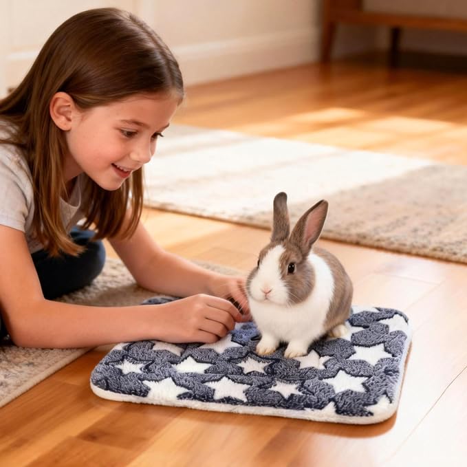 2 Pcs Bunny Bed, Washable Rabbit Bed, Double-Sided Fleece Sleeping Pad for Guinea Pig, Dwarf Rabbit, Chinchilla, Ferret, Hamster, Warm Small Animal Cage Mat, 13x10in, Gray Star