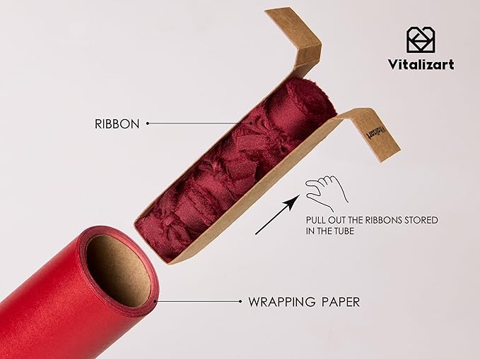 Vitalizart Red Wrapping Paper Set 30" Pearly-Lustre With Silk Like Satin Ribbon & Gift Tags Recyclable Christmas Gift Wrapping Birthday Baby Shower Wedding Handmade Crafts 197"(16.4 Ft)