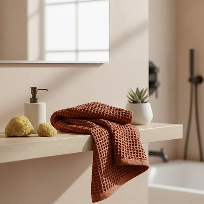 DEMMEX Organic Cotton Waffle Weave Turkish Towel Set for Bathroom, 100% OEKO-TEX Certified Super Soft Turkish Cotton, Lightweight & Quick Dry, 1 Bath & 2 Large Hand Towels, 30x60/20x30 in., Terracotta