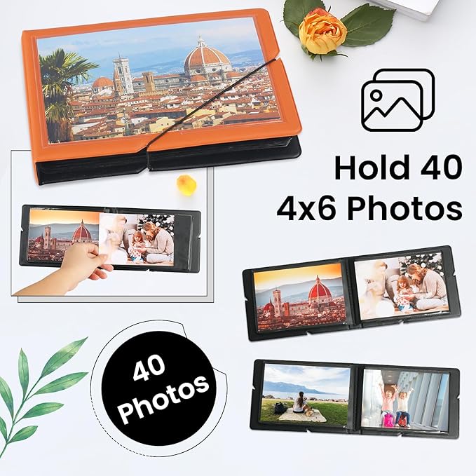 Lifting Small Photo Album 4x6 Holds 40 Photos with Customizable Cover，Mini Leather Picture Album Book for Wedding，Family，Baby Memories (Orange)