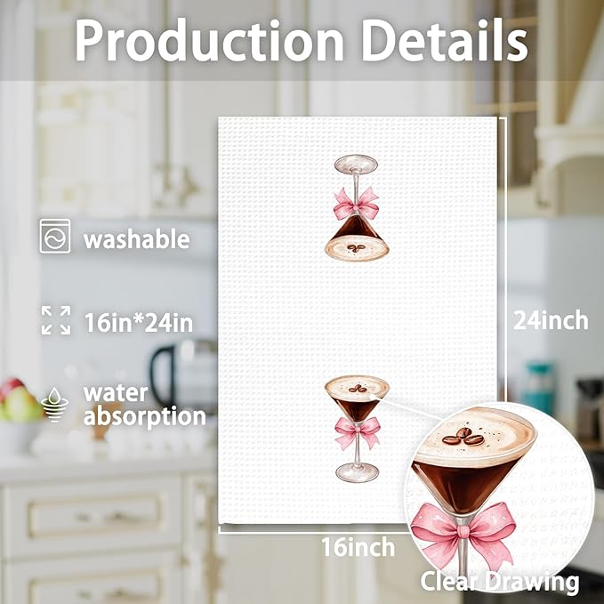 Espresso Martini Decor Bow Kitchen Towels, Coquette Bow Espresso Martini Gifts Hand Towels, Pink EspressoMartini Dish Towel Tea Towel for Kitchen Home Bar Cart Decor, 16x24In