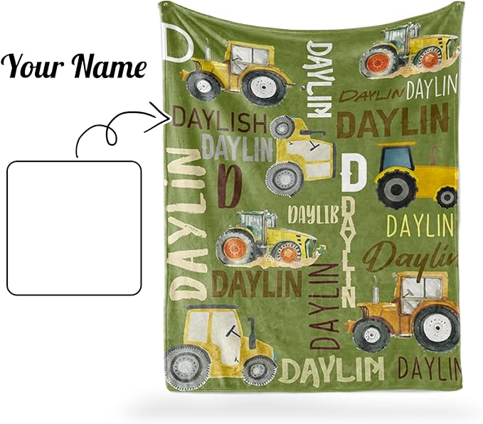 Personalized Tractors Blanket - Custom Name with Farm Tractor Trucks Design - Soft Plush Flannel Bed Blanket for Baby Kid Teen Boys Girls Customized Gifts Olive Green & Yellow