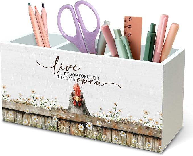 DILSJ Inspirational Chicken Pen Pencil Holder Organizer for Desk, Chicken Lovers Gifts for Women, Live Like Someone Left The Gate Open Wooden Box Signs for Home Office Desk Tabletop Decoration