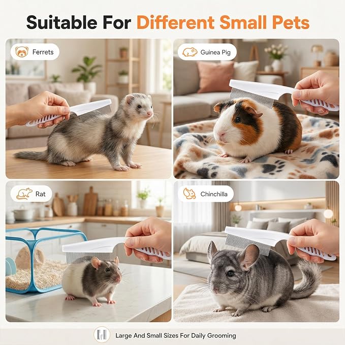 2Pcs Flea Combs, Fine Tooth Rabbit Brush Stainless Steel Bunny Brush | Rounded Teeth, for Grooming, Guinea Pigs, Cats, Dogs, Chinchillas, Ferrets and Rabbits