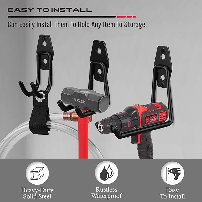 Garage Tool Storage Wall Hook Assortment Set: 15PCS Heavy Duty Large Hanger Garden Tool Organizer Ladder Bike Rack Yard Tool Holder Shed Shovel Metal Screw Organization Bicycle Steel Bracket, Black