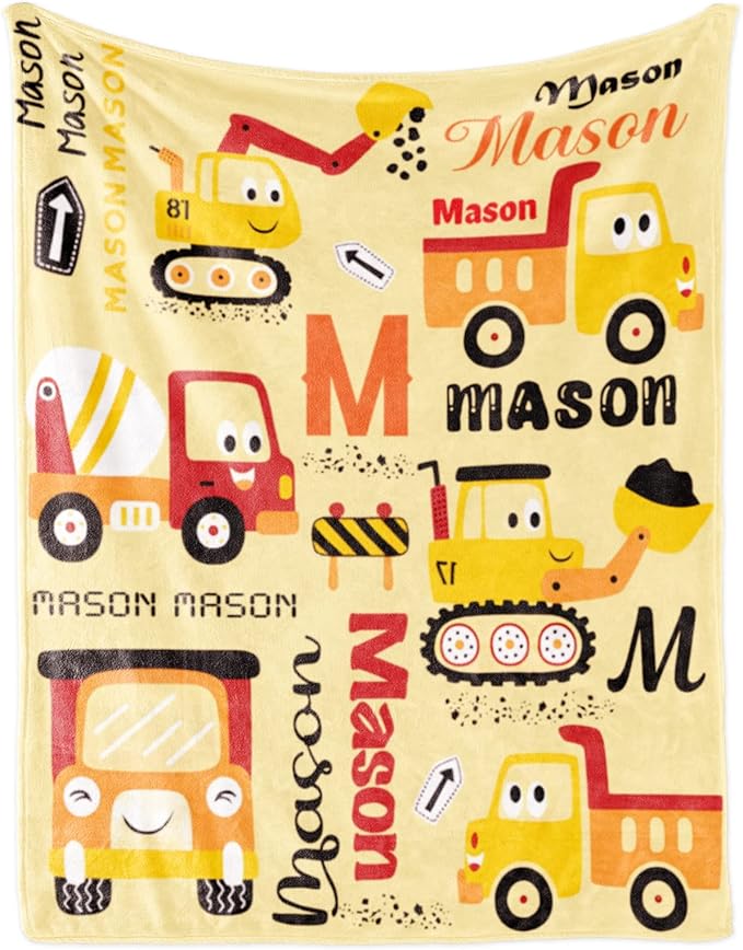 Personalized Construction Blanket with Name for Baby Boys Girls, Custom Truck Blanket Construction Vehicles, Soft Flannel Toddler Blankets Customized Gift for Newborn Baby Shower Birthday-30x40inch
