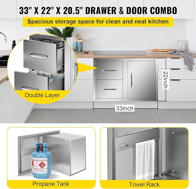 VEVOR Outdoor Kitchen Door Drawer Combo, 32.5" W x 21.6" H x 20.5" D, Access Door/Double Drawers with Paper Towel Rack, Stainless Steel Handles for BBQ Islands