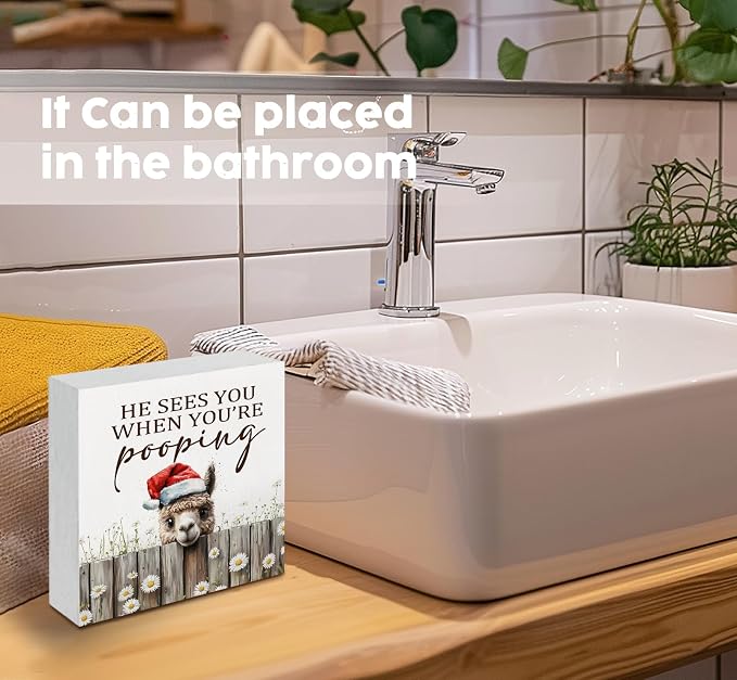 Christmas Alpaca Home Bathroom Decor Sign - Farmhouse Western Christmas Animal Bathroom Decor,Rustic Farm Animal He Sees You When You're Pooping Signs,Alpaca Gifts for Women