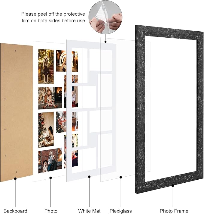 11.8x21.8 Picture Frame Display 8 opening 4X6 Picture Frame Collage,Multi Photo Frame with Mat,Plexiglass,Wall or Tabletop Decor,Black Wood Grain