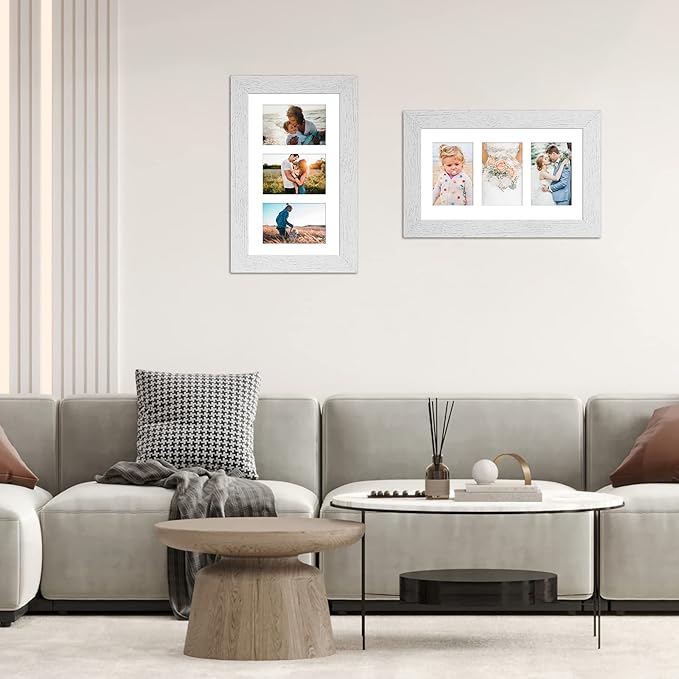 8x14 Picture Frame Display 3 opening 4X6 Picture Frame Collage,Multi Photo Frame with Mat,Plexiglass,Wall Hanging Decor,Distressed White Wood Grain