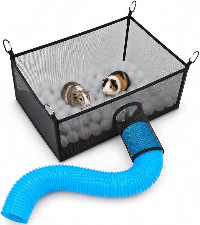 Mifoci Ferret Ball Hammock with Tunnel, Hanging Mesh Play Cube for Cage, Washable Small Animal Bed for Ferrets, Rats, Chinchillas & Guinea Pigs, 4 Clips, Black, (Balls Not Included)