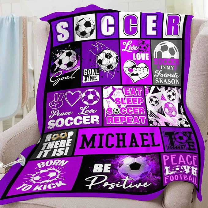 D-Story Personalized Custom Blankets with Name, Monogrammed Soccer Blanket Gifts for Kids & Baby
