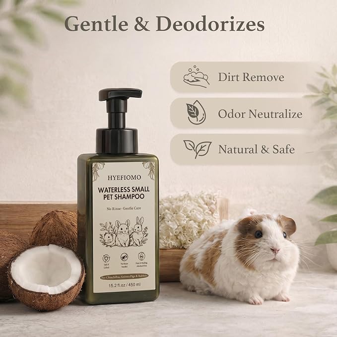 15.2 oz Large Capacity Waterless Small Animal Shampoo - No Rinse Dry Foam for Guinea Pig, Bunny, Ferret - Essential Pet Grooming Kit & Odor Eliminator