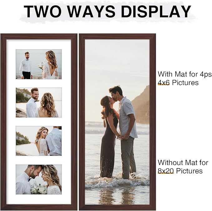 Vittanly 8x20 Collage Picture Frame, Displays 4Pcs 4x6 Pictures with Mat or 1Pcs 8x20 without Mat, Picture Frames Collage Wall Decor for Horizontal or Vertical Display, Brown, 1 Pack