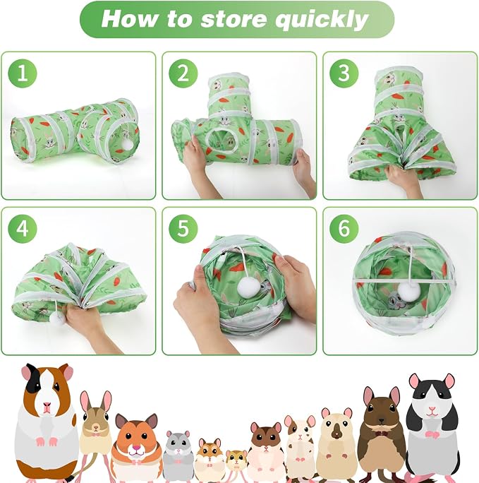 Rypet Guinea Pig Tunnel Hideout 3-Way Collapsible Small Pet Tubes, Green | 3 Way Design for Exploration, Collapsible for Easy Storage, Built-in Play Ball, Hiding & Resting for Hamsters Ferrets