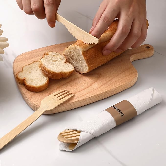Bamboo Cultery Set with Pre Rolled Napkins- 50 Pack (6.7" 50 Forks 50 Spoons 50 Knives 50 Napkins) Compostable Fork Spoon Knife Set Individually Wrapped Disposable Flatware for Camping/Travel/Wedding